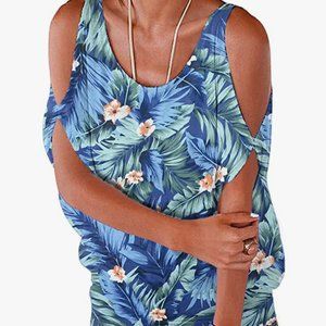 Cut Out Shoulder Tropical Flower Print Top w/ Keyhole Tie Back Ruched Side Hem